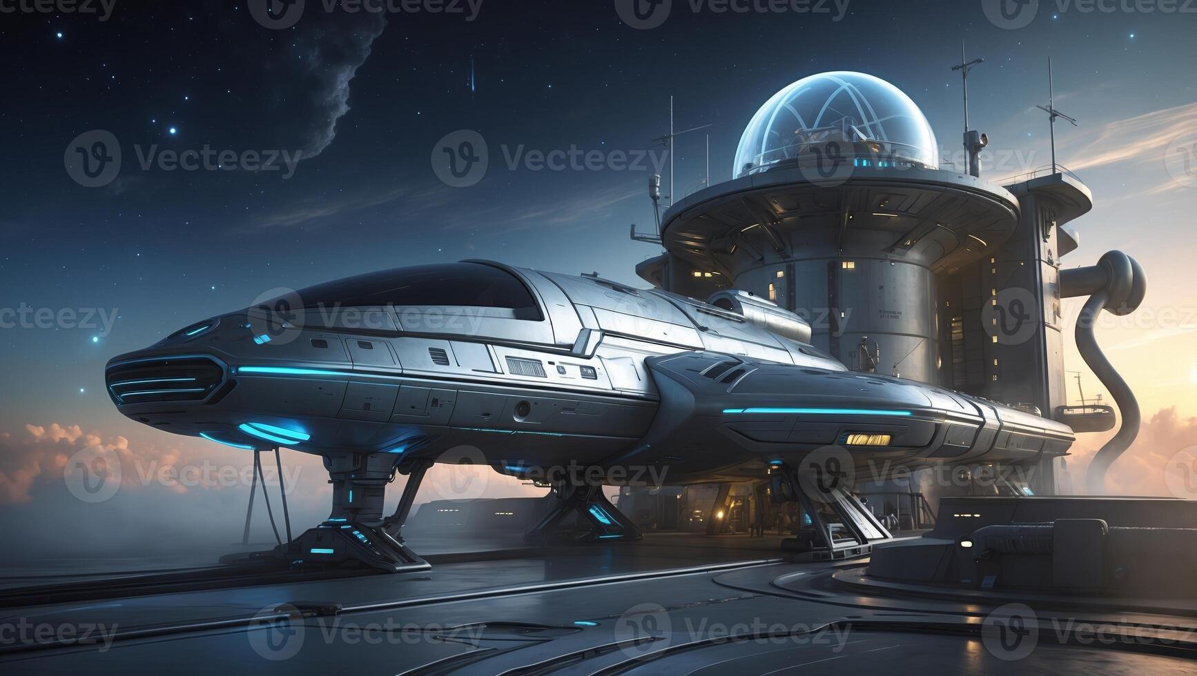 Futuristic spaceship docks at a high-tech space station under a starry sky at dawn photo