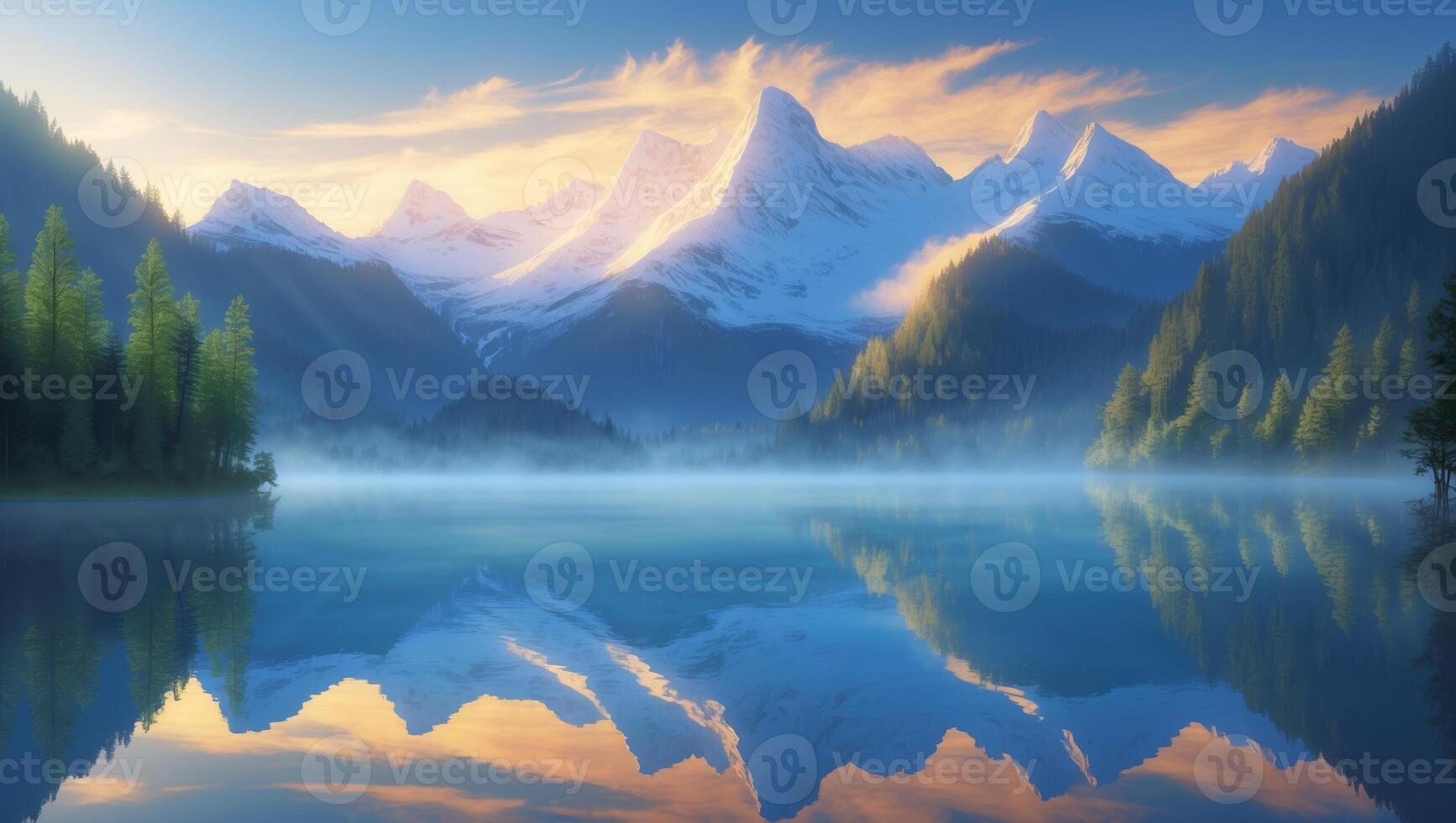 Majestic mountains reflect in serene lake at dawn surrounded by lush forests photo