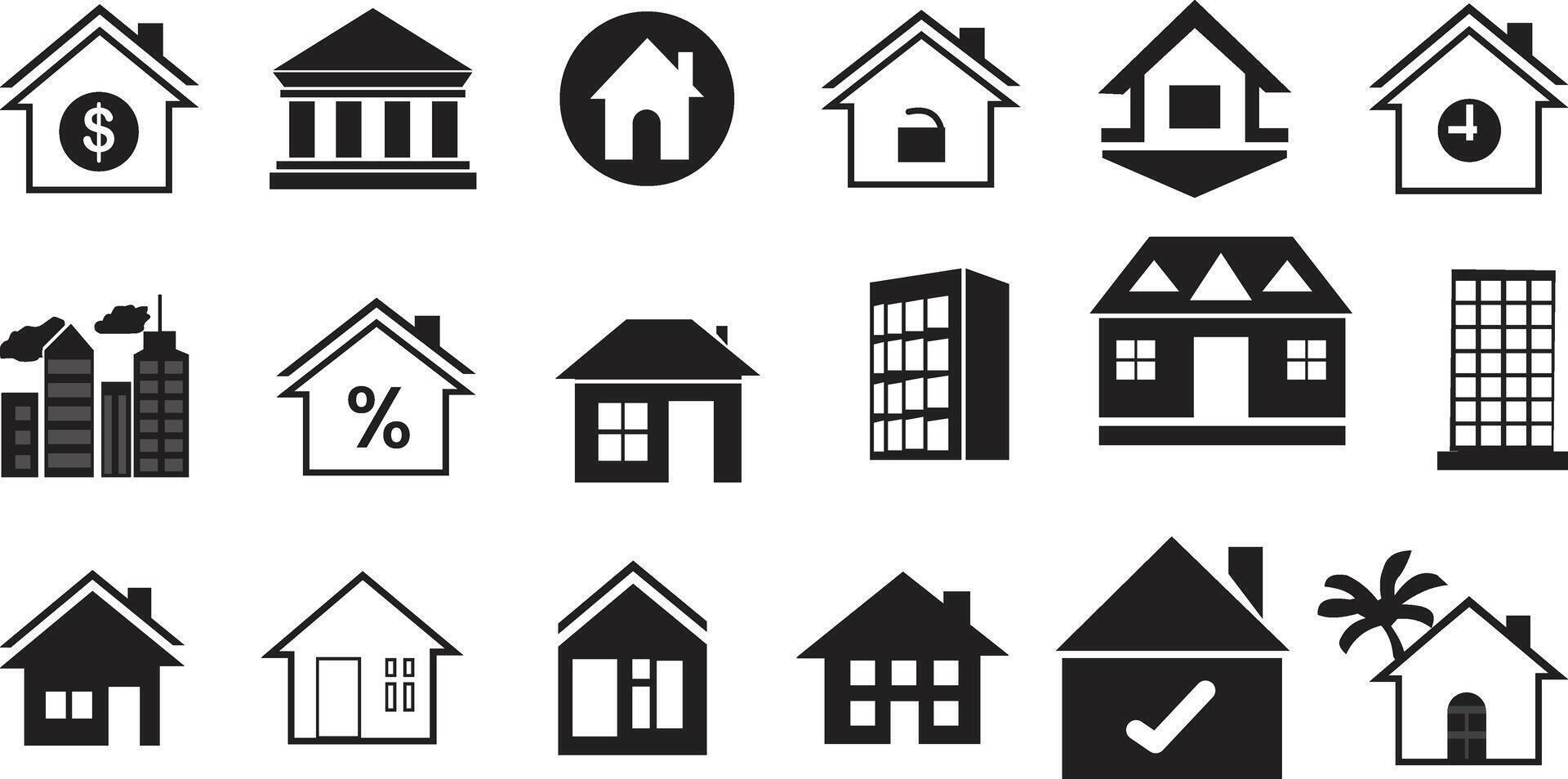 Collection home icons. House symbol. Set of real estate objects and houses black icons isolated on white background. illustration. vector