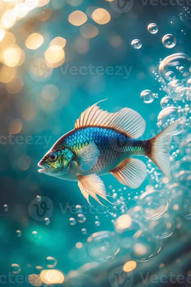 Colorful fish swimming through bubbles in a bright underwater environment during sunlight hours photo