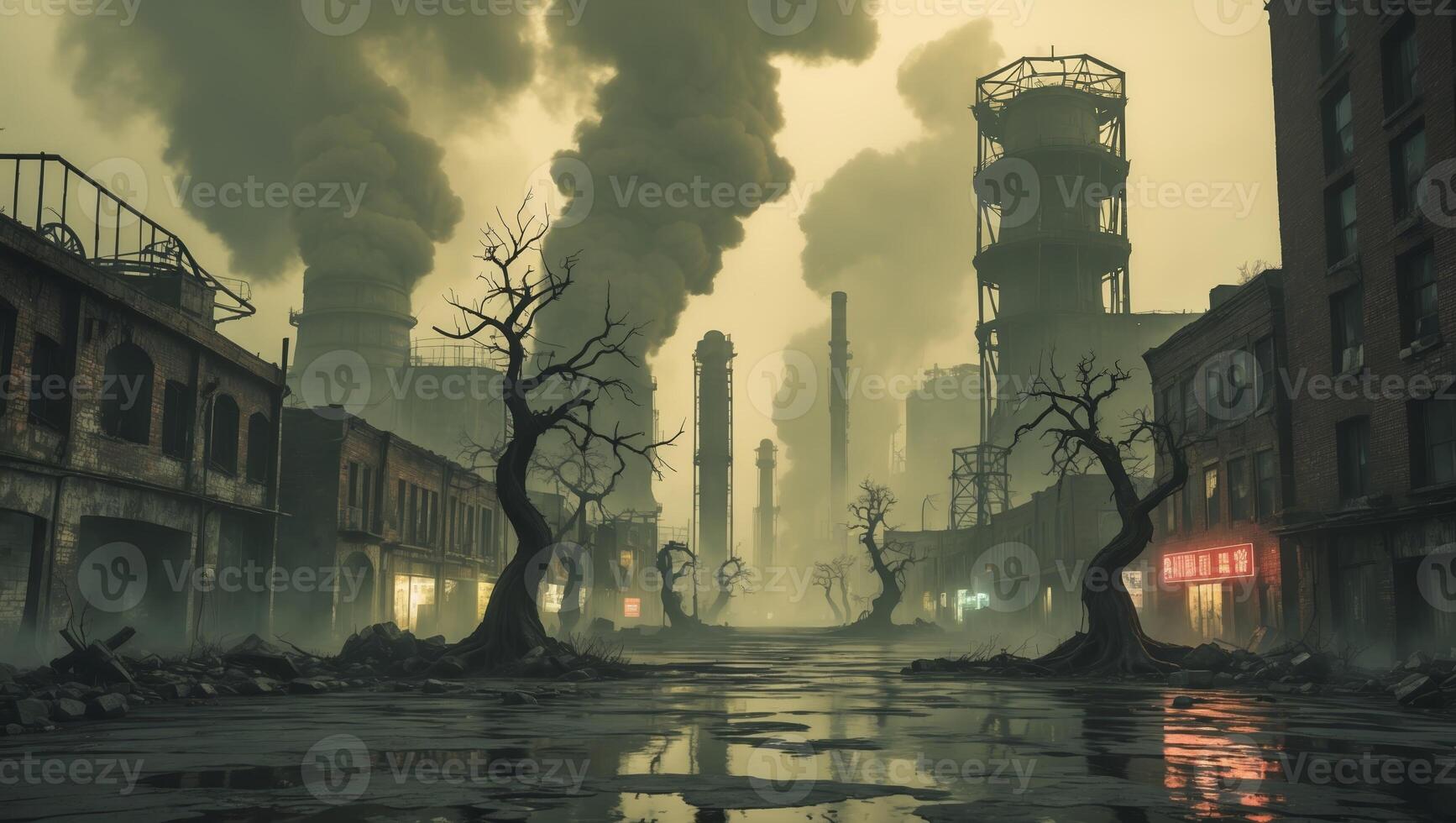 Urban wasteland filled with pollution and abandoned buildings under a smoky sky photo