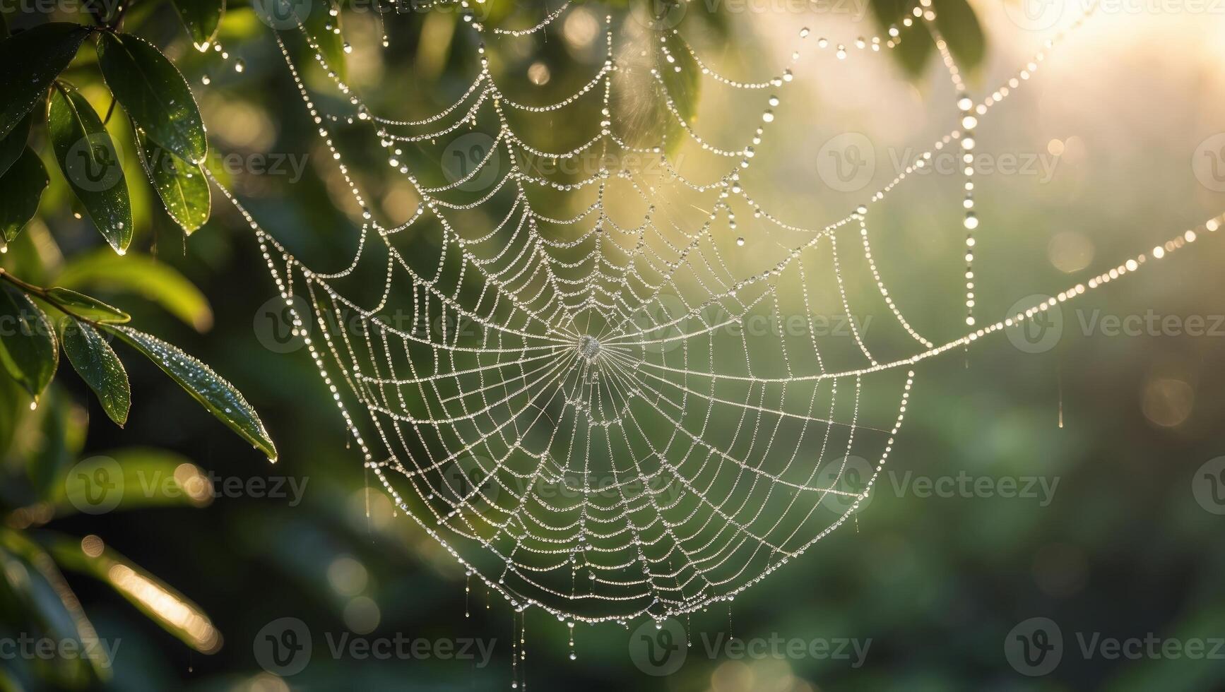 Spider web glistens with dew under morning sunlight in a tranquil outdoor setting photo