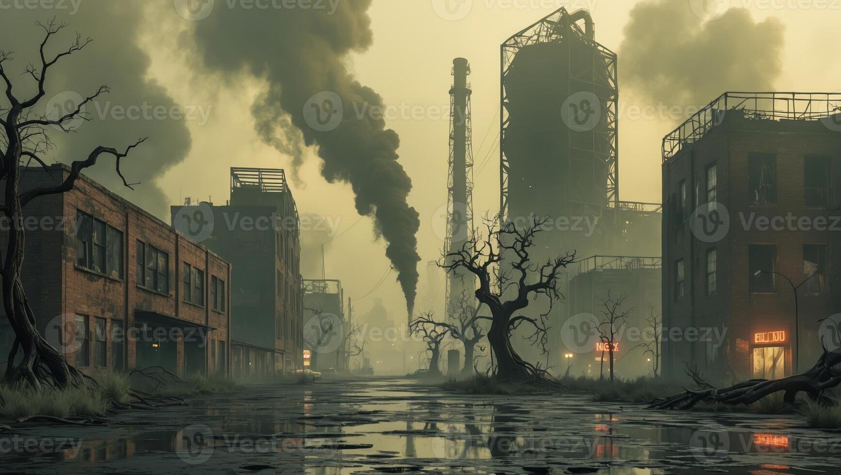 Abandoned industrial area with decaying buildings and ominous smoke during a hazy dusk photo