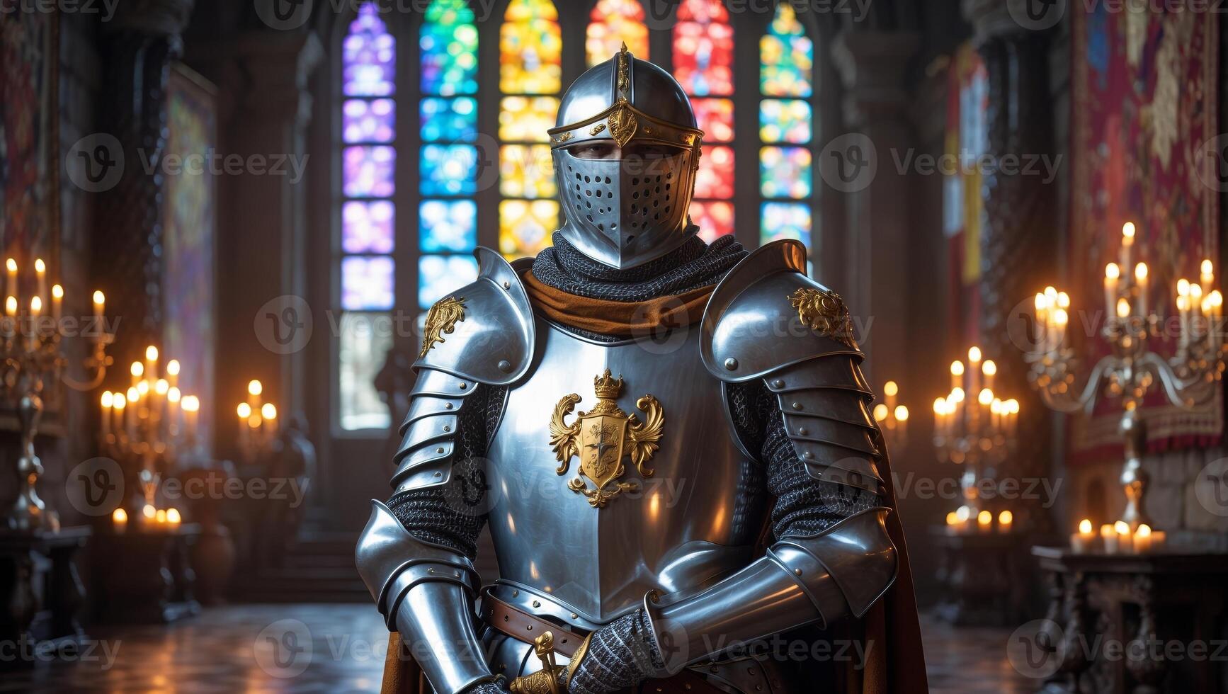 Knight in shining armor stands proud inside a grand castle with stained glass windows and flickering candles photo