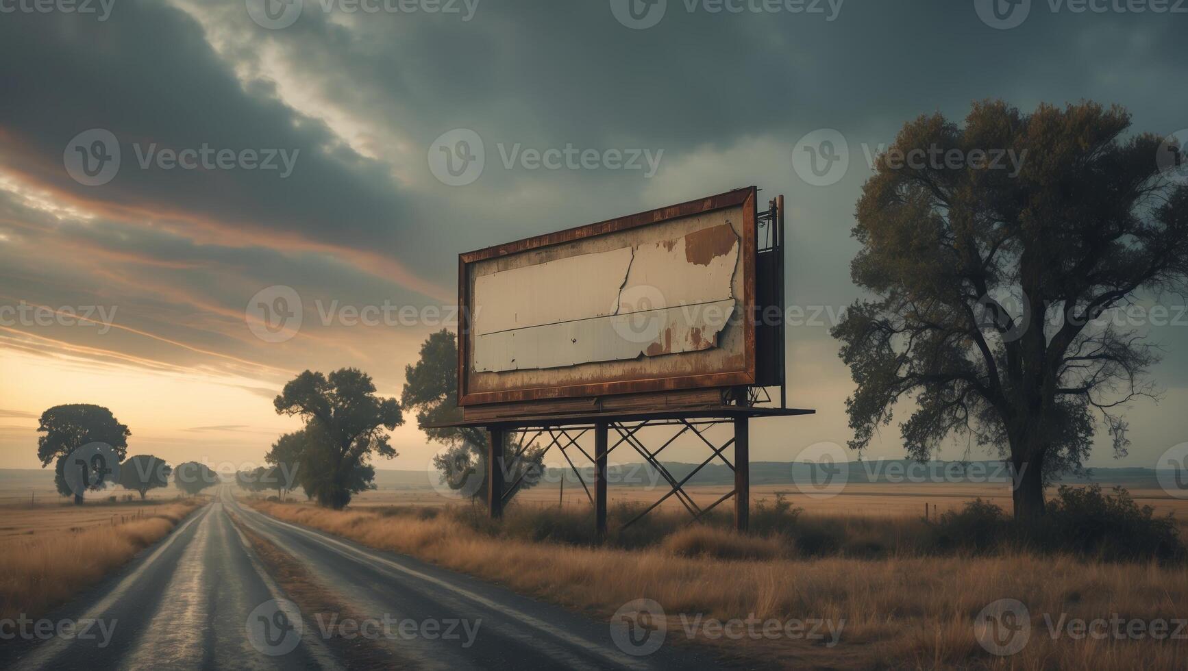 Barren roadside with weathered billboard overlooking empty landscape at dusk in rural area photo