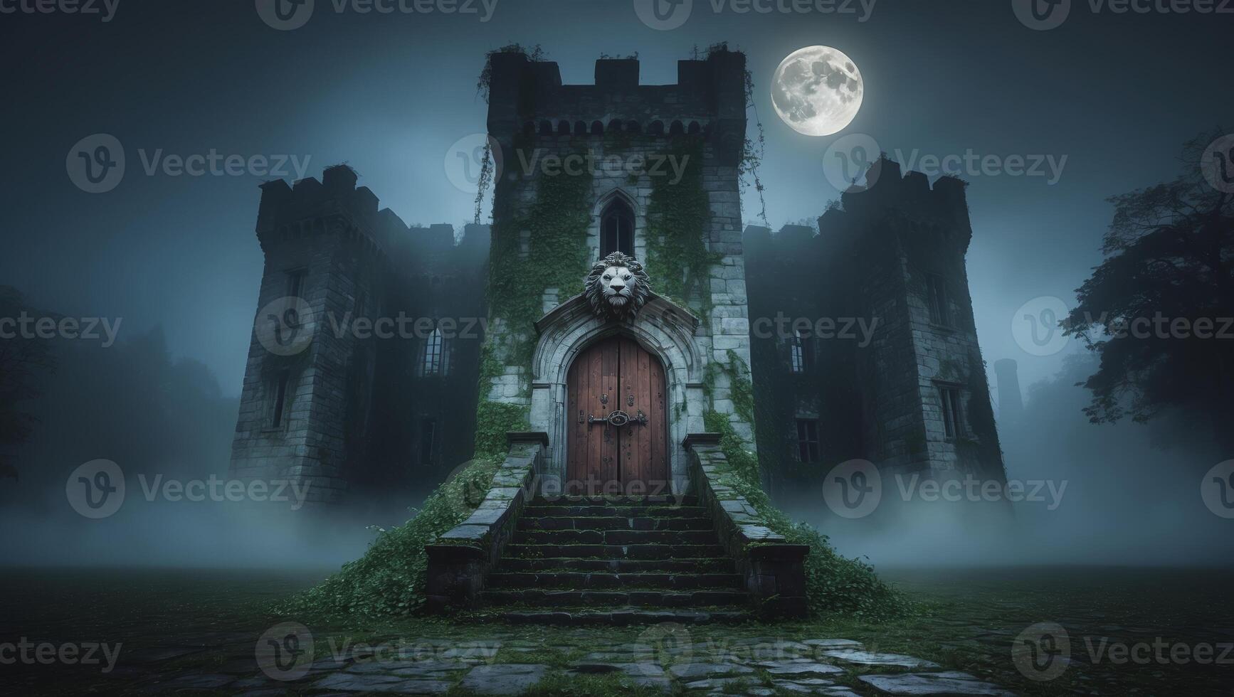 Haunted castle emerges beneath a full moon with mist swirling around the ancient stone structure at night photo