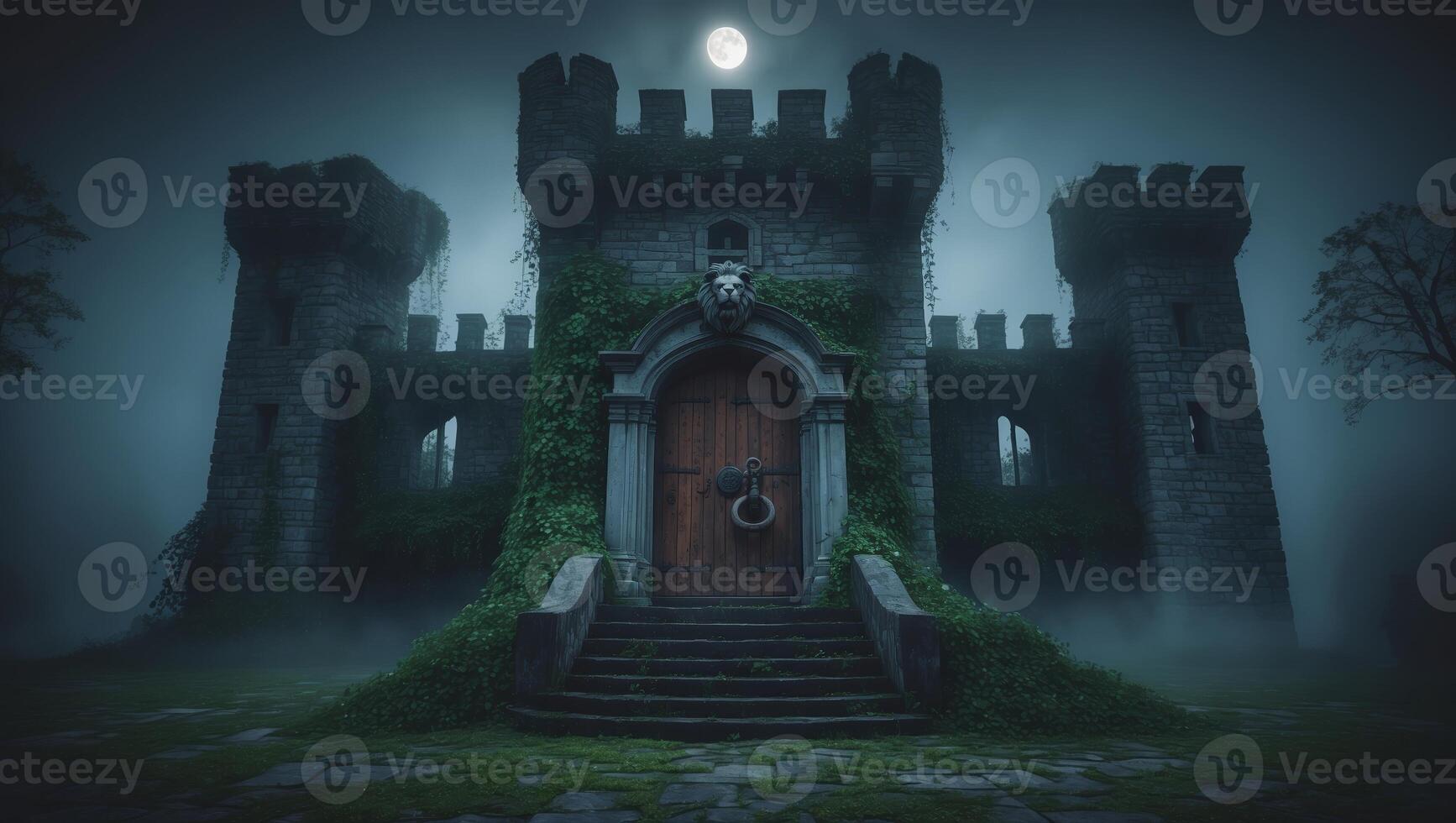 Mysterious castle shrouded in fog under a full moon at night in a dark forest setting photo
