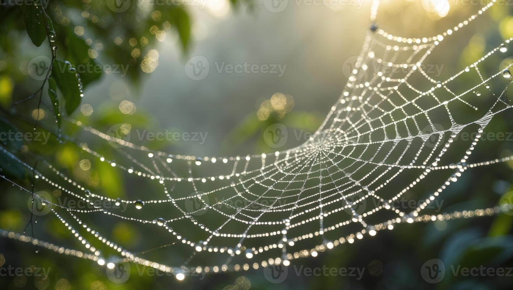 Dew-covered spider web glistens in morning sunlight among green foliage in a tranquil forest photo