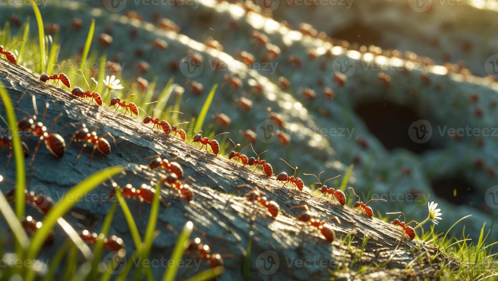 Ants busy foraging on a sunlit patch of grass beside a rocky surface during the golden hour in a natural environment photo