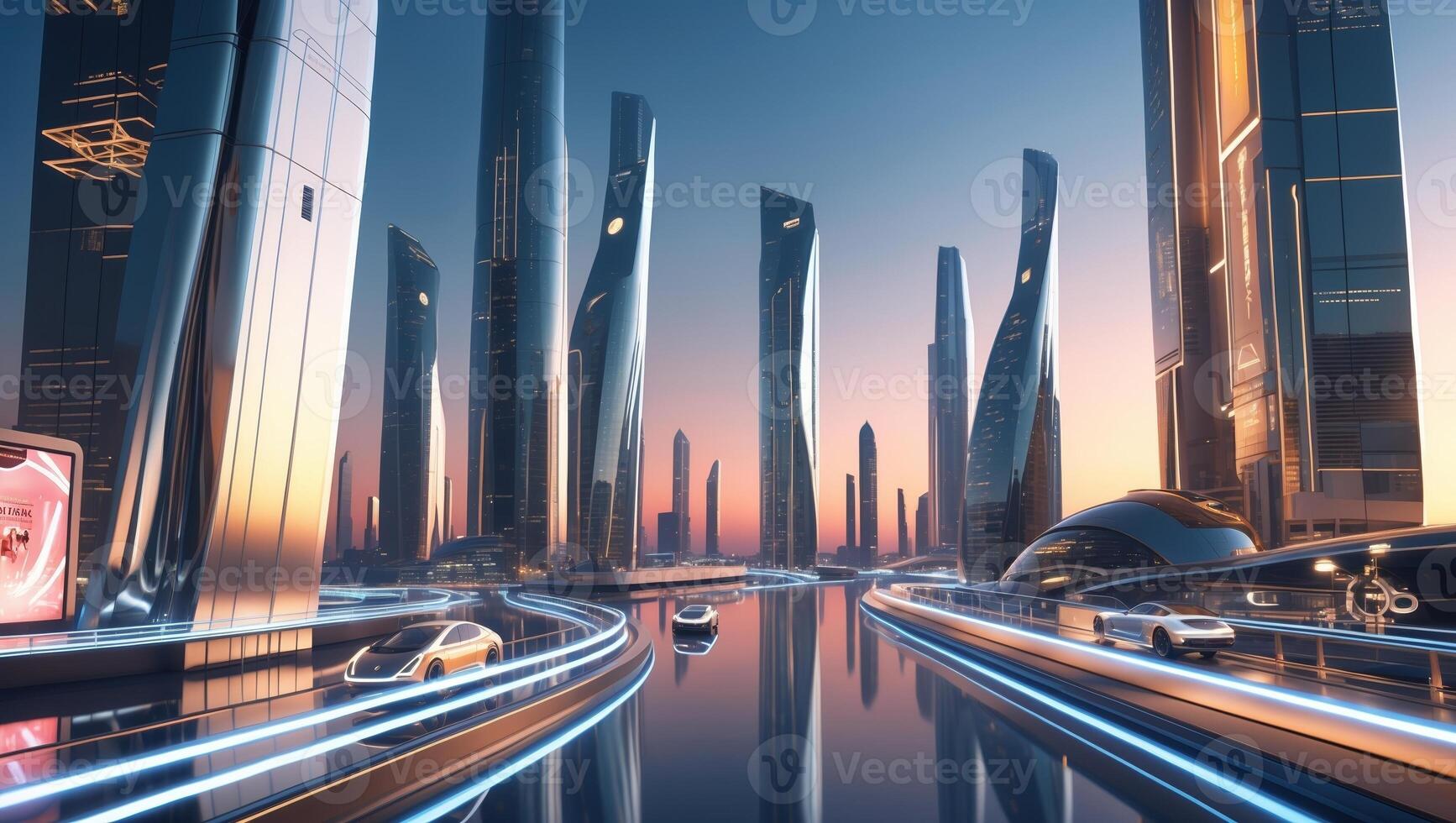 Futuristic cityscape at dusk with sleek vehicles and towering architecture along a reflective waterway photo