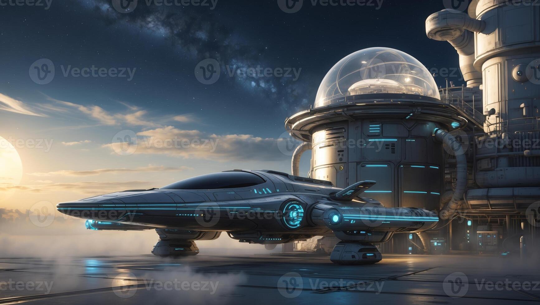 Futuristic spacecraft parked near a high-tech facility under a starry sky at twilight photo