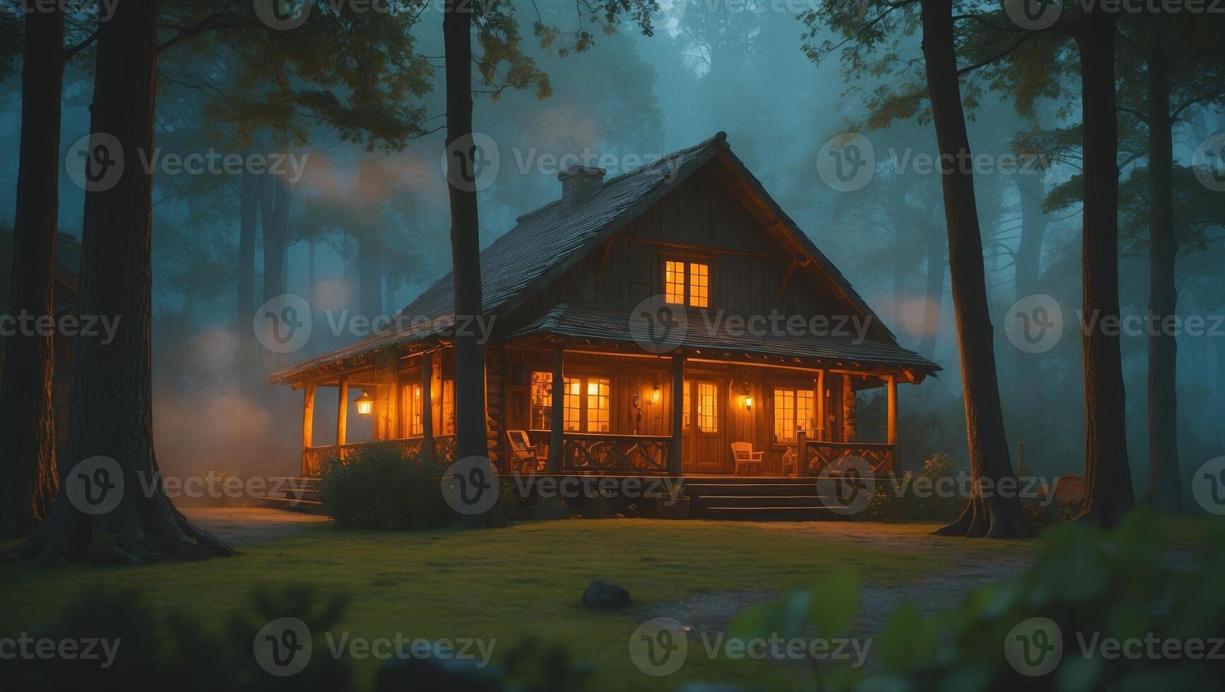 Charming wooden cabin warmly illuminated in a misty forest at dusk photo