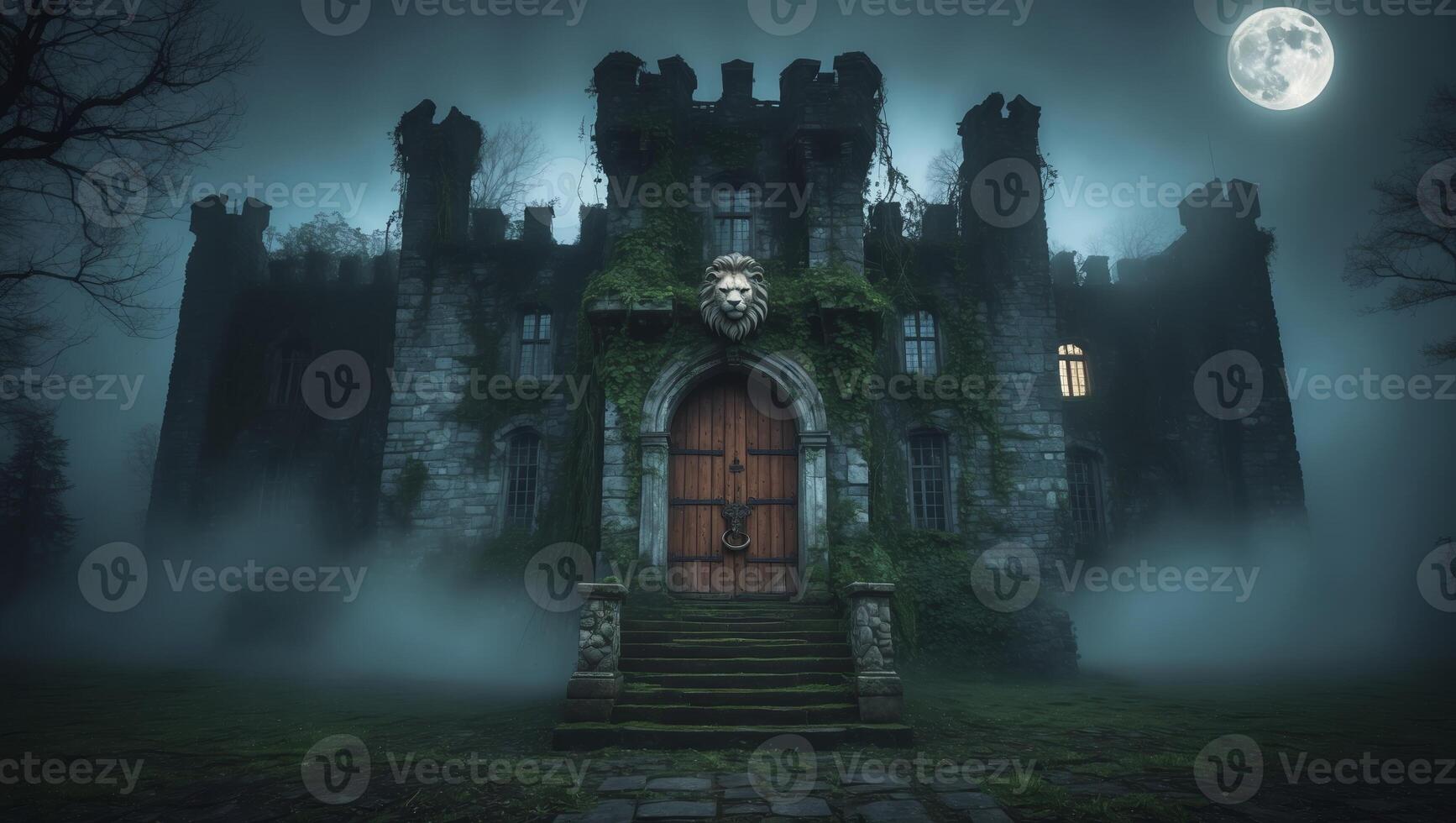 Mysterious castle shrouded in mist under a full moon at night photo