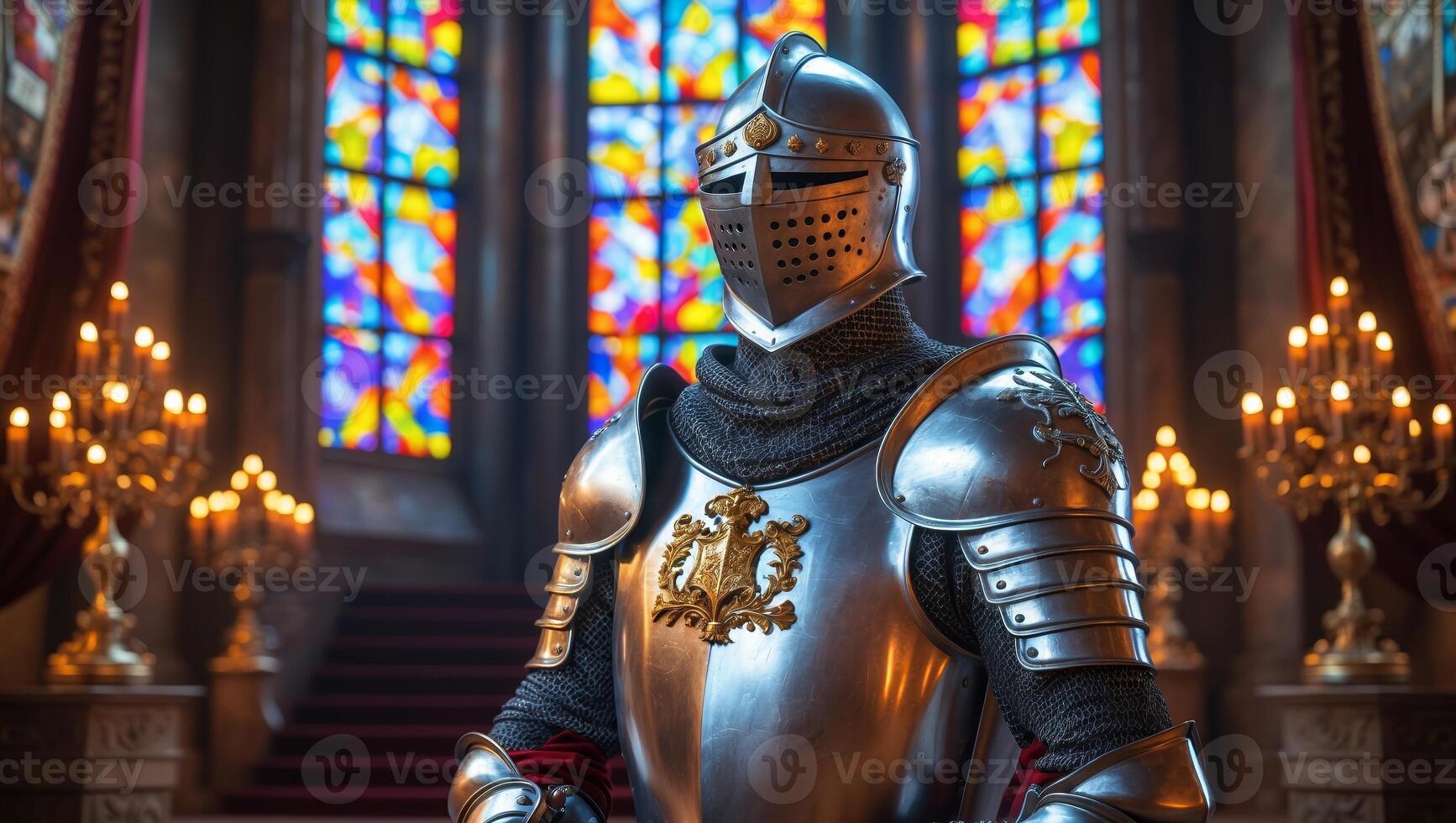 Knight in shining armor stands proudly in a grand castle hall with stained glass windows and candlelight illumination photo