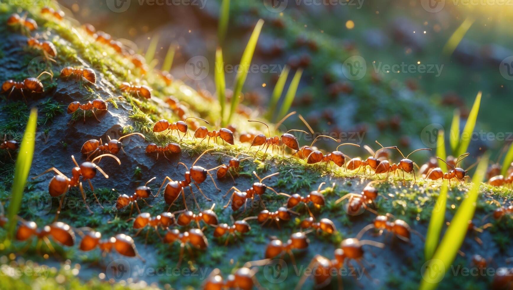 Ants actively foraging on a mossy surface during golden hour light in a vibrant, lush environment photo