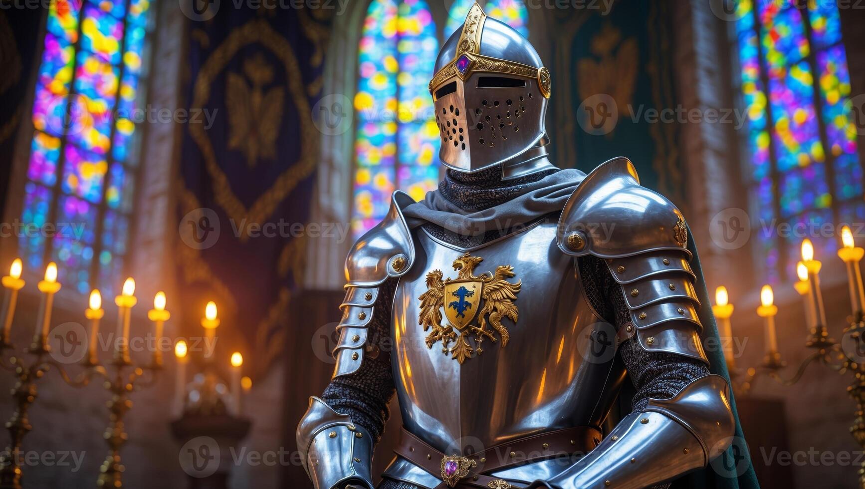 Knight in shining armor stands solemnly in a grand cathedral illuminated by colorful stained glass windows photo