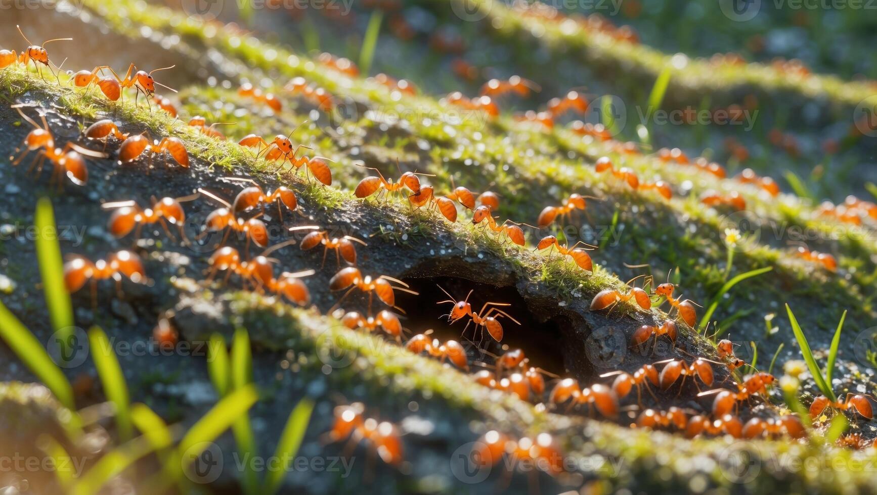 Swarm of vibrant orange ants working together near their underground nest in a lush green environment during daylight photo