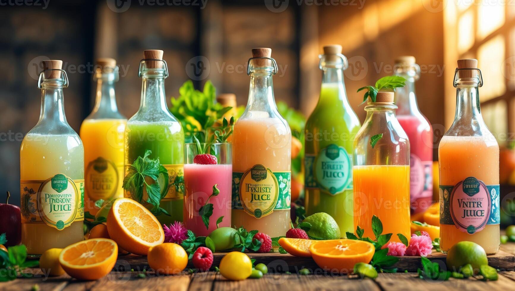 Colorful assortment of fresh fruit juices displayed on rustic wooden table during golden hour photo