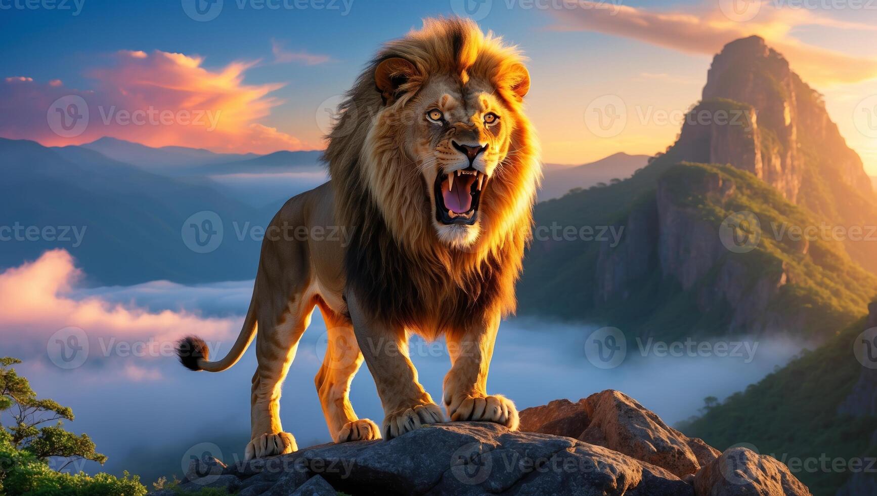 Lion stands majestically on rocky terrain against a colorful sunset in a mountainous landscape photo