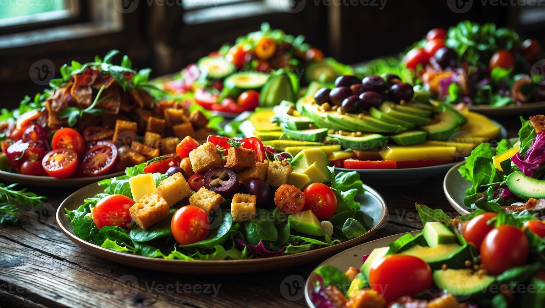 Colorful salad spread featuring fresh ingredients and vibrant garnishes on rustic wooden table photo