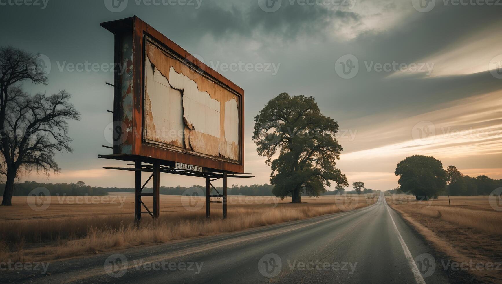 Rustic landscape with an abandoned billboard beside a winding road during sunset photo