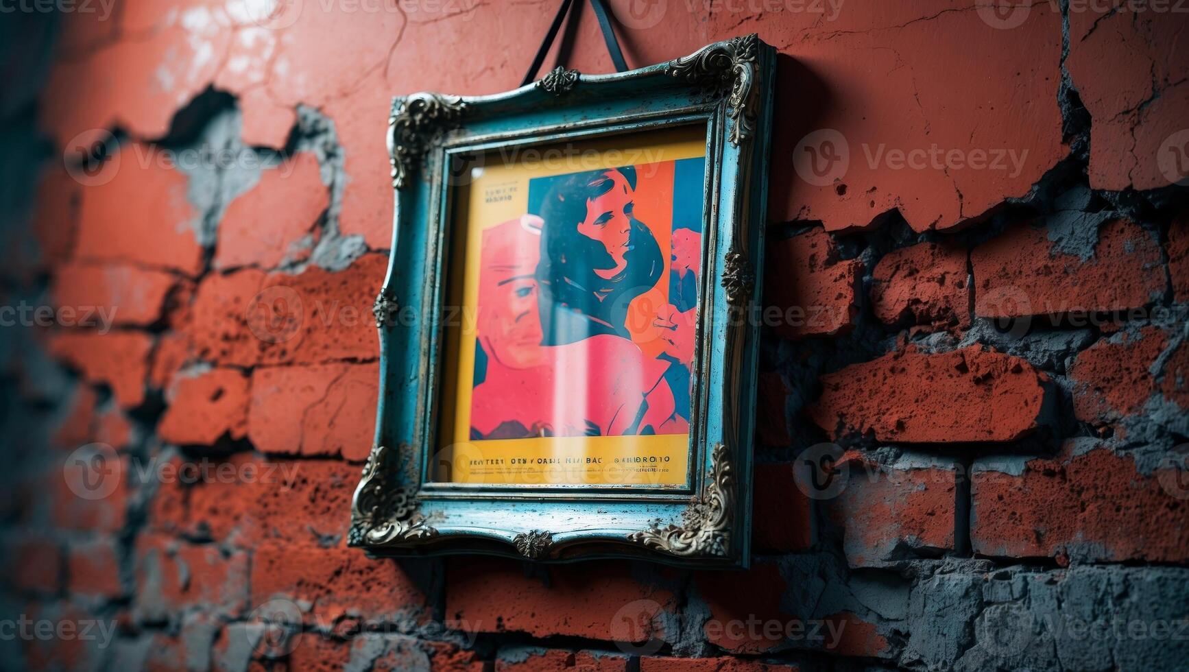 Vibrant framed artwork on a weathered brick wall with peeling paint showcasing bold colors and nostalgic themes photo