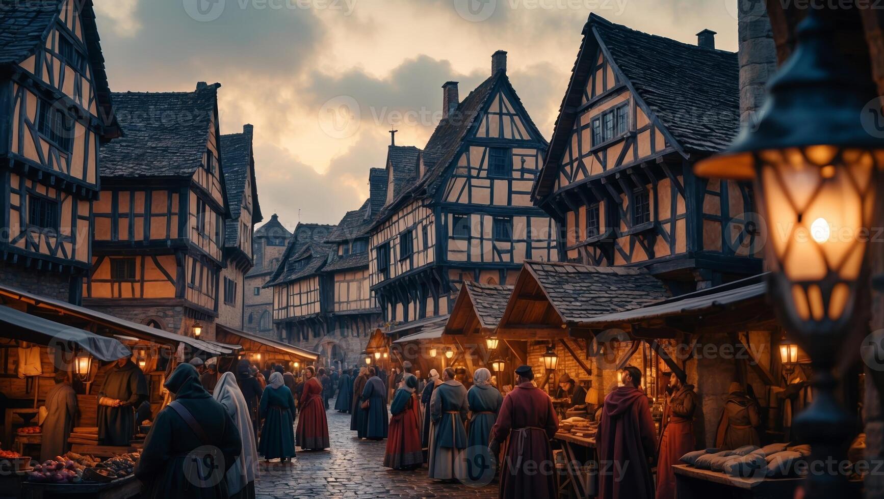Medieval marketplace bustling with vendors and townsfolk at dusk in a charming village setting photo