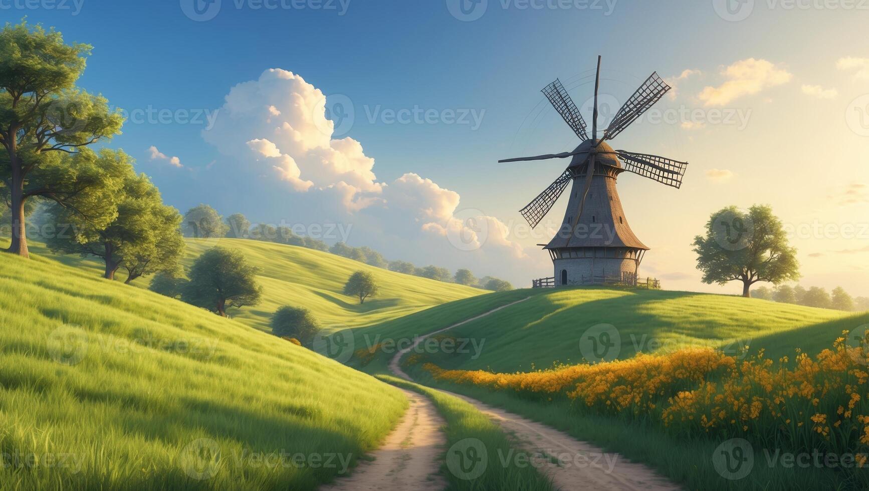 Windmill stands tall on a sunny hillside with vibrant green fields and blooming flowers in the afternoon light photo