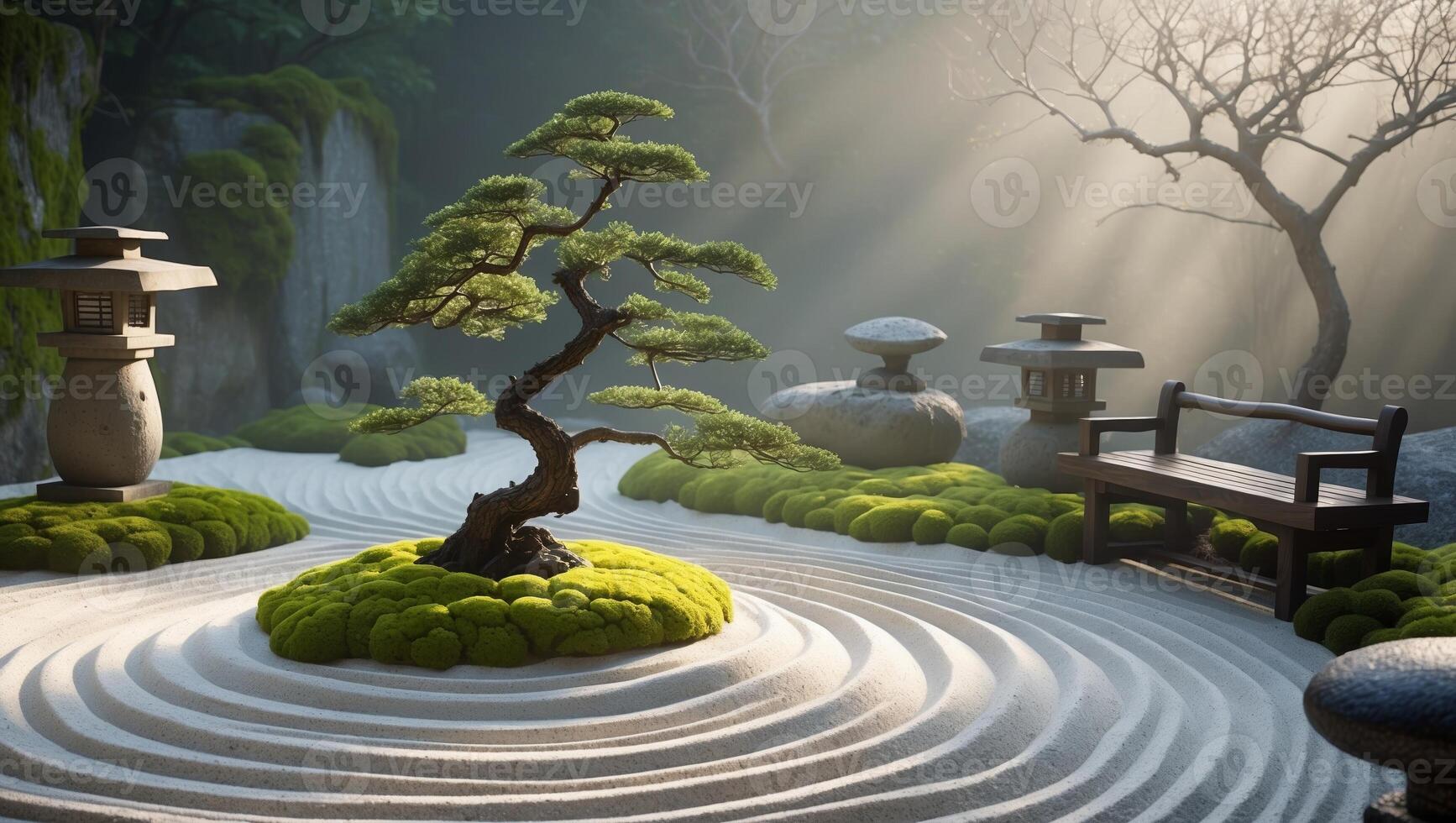 Bonsai tree in tranquil Japanese garden with stone lanterns and raked sand during soft morning light photo