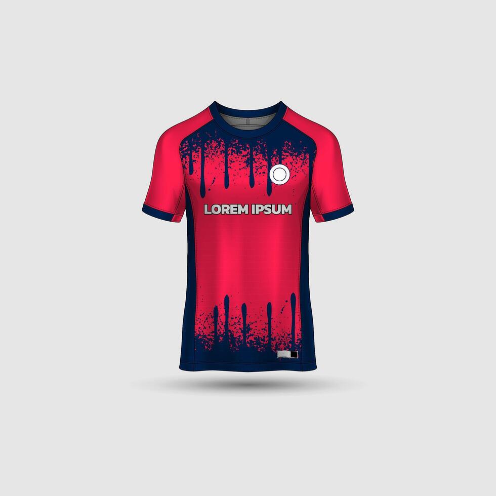 Jersey mockup design. Uniform front view jersey and sublimation templates for soccer, football, volleyball, badminton, e-sports, casual. Dripping red navy vector