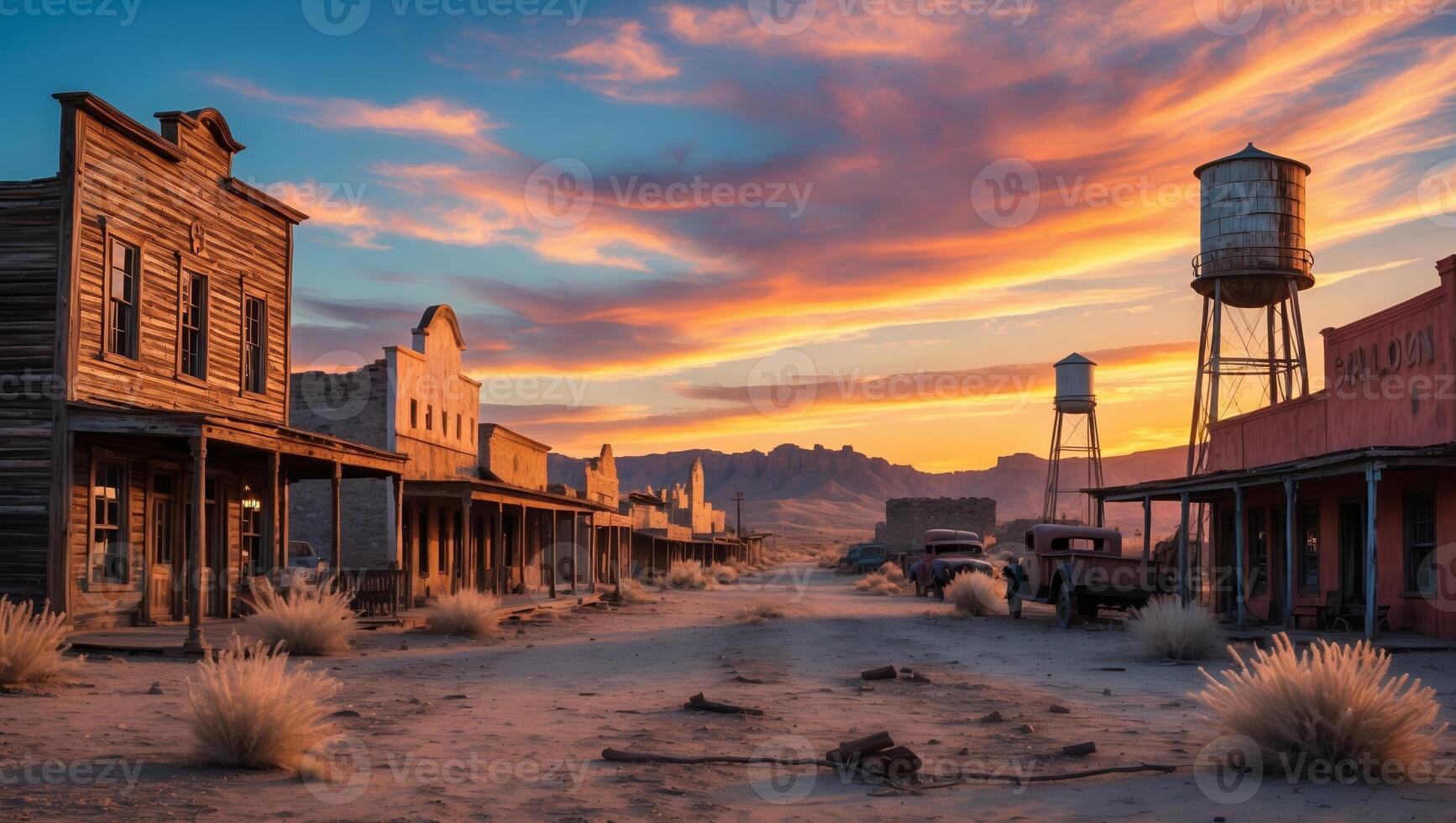 Deserted old west town under colorful sunset sky with dramatic clouds and distant mountains photo