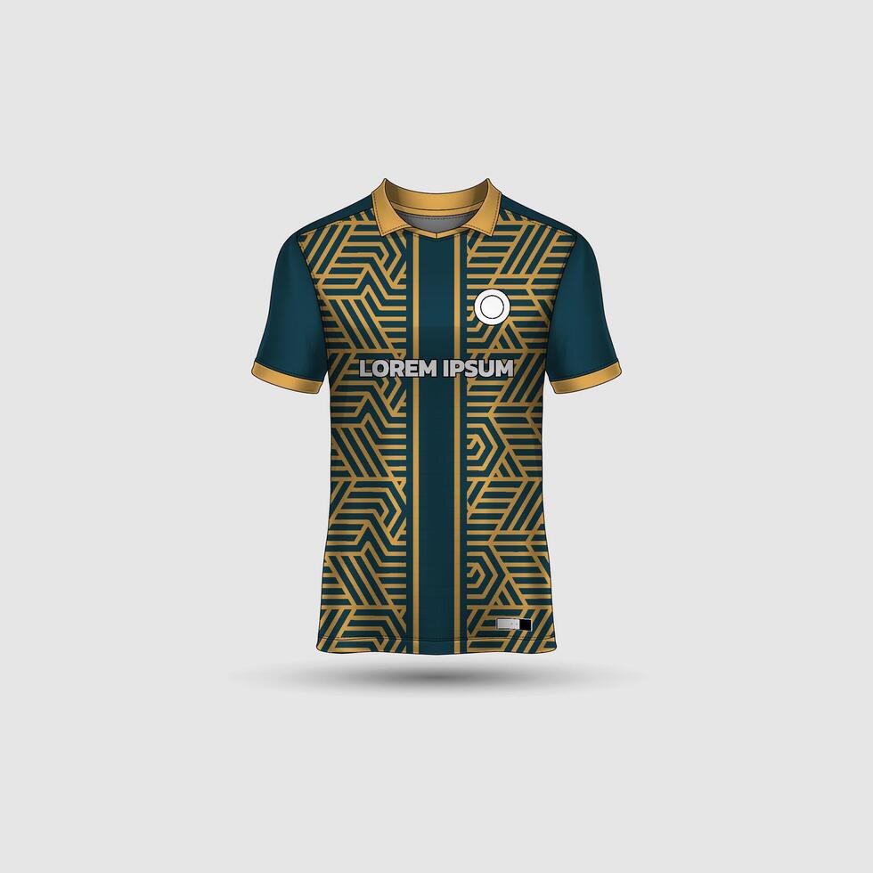 Jersey mockup design. Uniform front view jersey and sublimation templates for soccer, football, volleyball, badminton, e-sports, casual. Abstract line green yellow vector