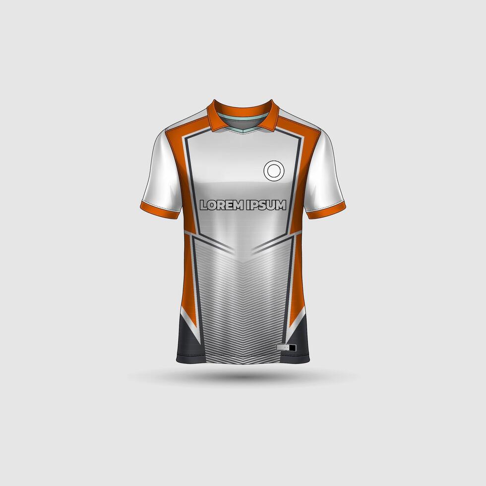 Jersey mockup design. Uniform front view jersey and sublimation templates for soccer, football, volleyball, badminton, e-sports, casual. Modern white orange vector