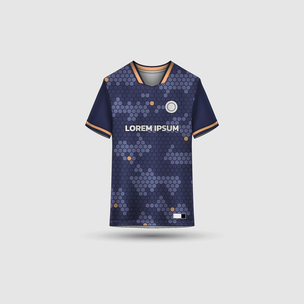 Jersey mockup design. Uniform front view jersey and sublimation templates for soccer, football, volleyball, badminton, e-sports, casual. Hexagon navy orange vector