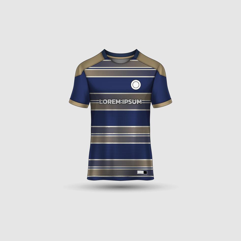 Jersey mockup design. Uniform front view jersey and sublimation templates for soccer, football, volleyball, badminton, e-sports, casual. Stripe navy gold vector