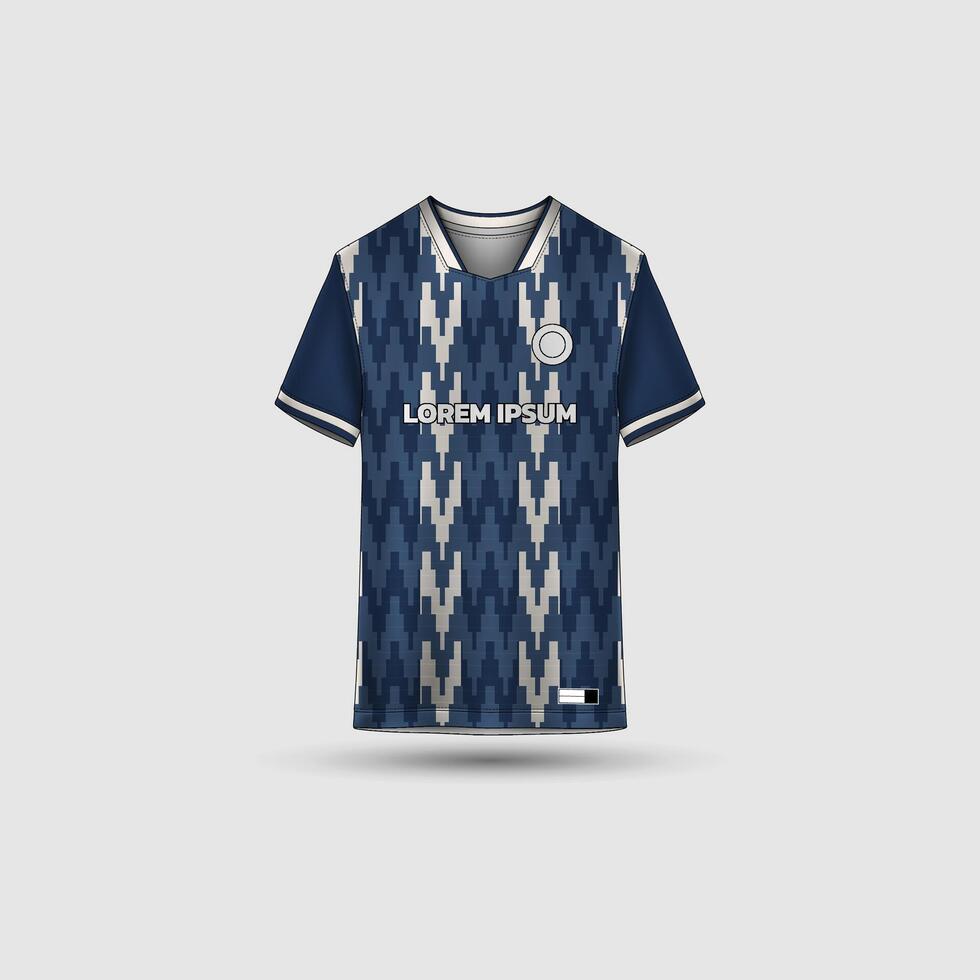 Jersey mockup design. Uniform front view jersey and sublimation templates for soccer, football, volleyball, badminton, e-sports, casual. Zig-zag navy white vector