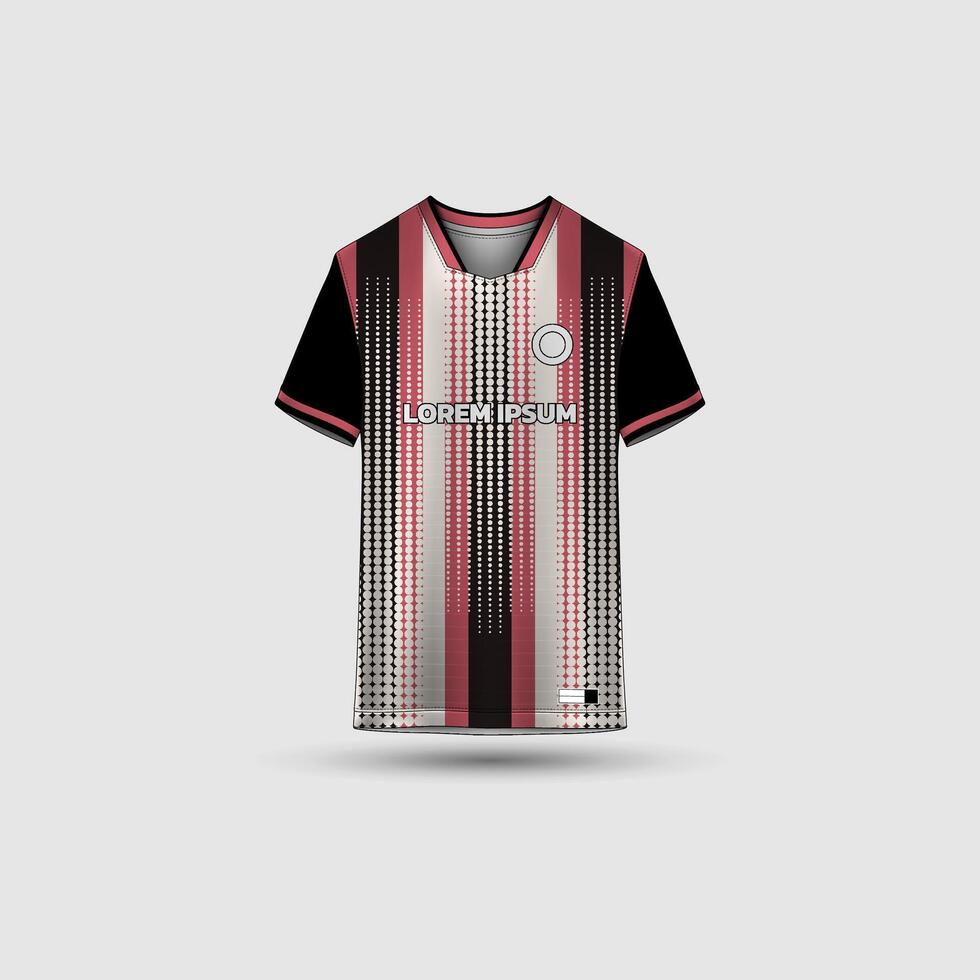 Jersey mockup design. Uniform front view jersey and sublimation templates for soccer, football, volleyball, badminton, e-sports, casual. Halftone stripe black red vector