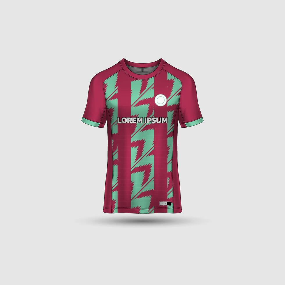 Jersey mockup design. Uniform front view jersey and sublimation templates for soccer, football, volleyball, badminton, e-sports, casual. Chevron stripe red tosca vector