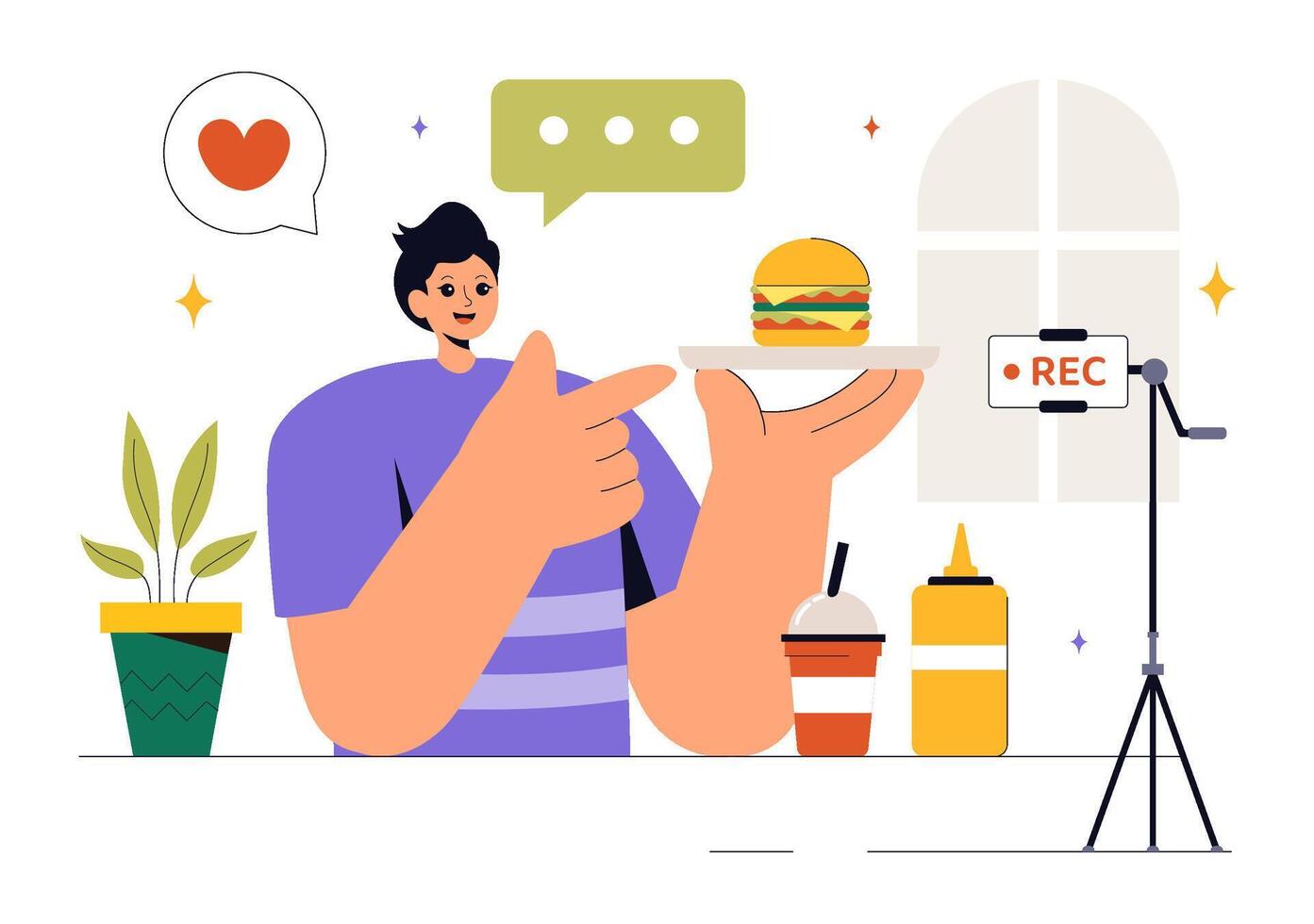 Blogger Tasting and Reviewing Gourmet Dishes in a Flat Style vector