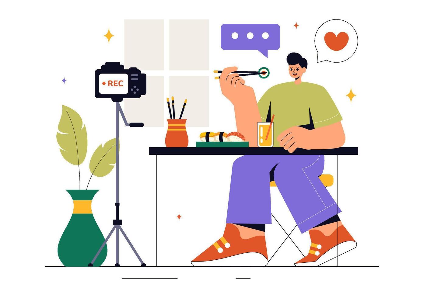 Food Blogger Reviewing Dishes in a Restaurant Illustration vector