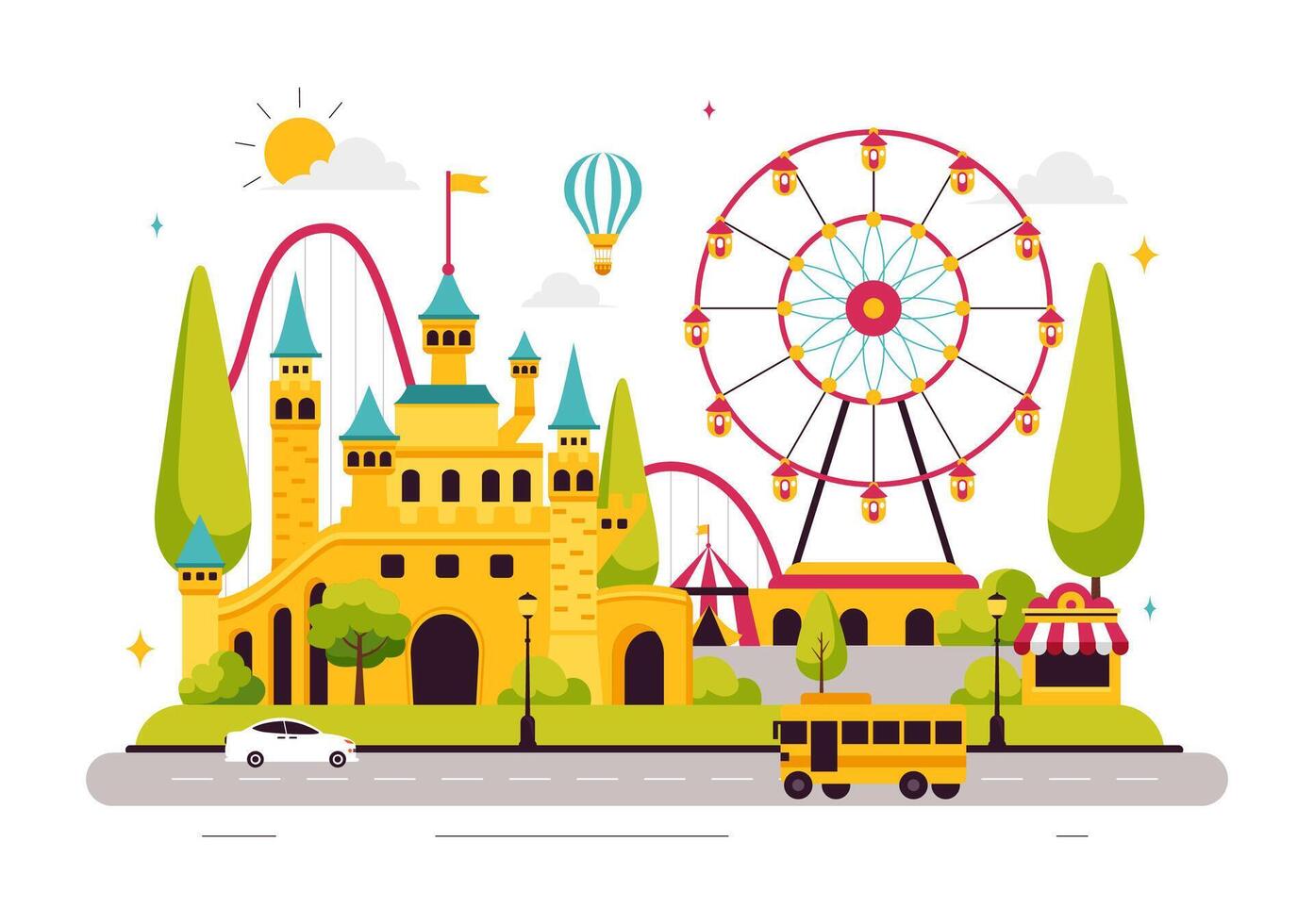 Illustration of a Theme Park with a Carousel and Exciting Carnival Rides vector
