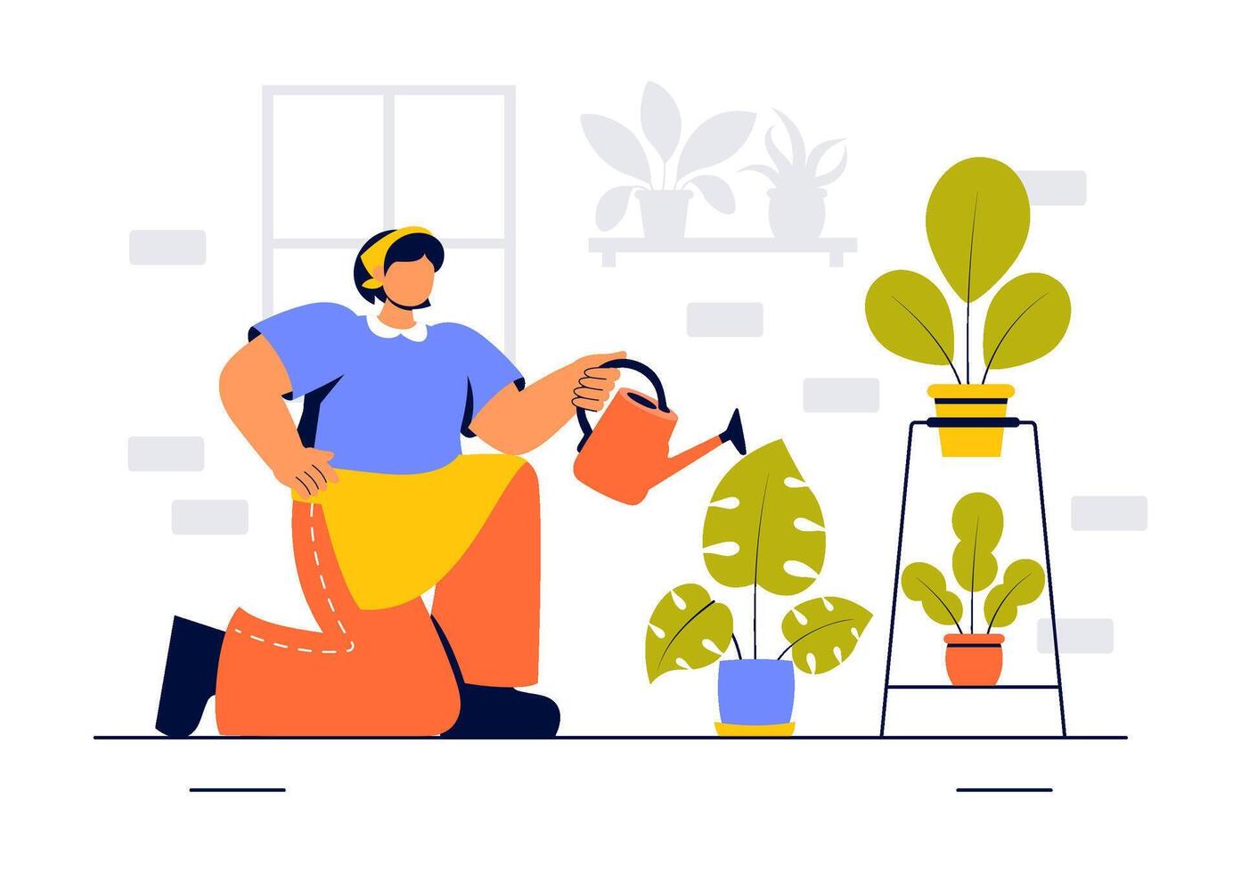 Illustration of People Cultivating a Home Garden with Flowers and Greenery in a Flat Style vector