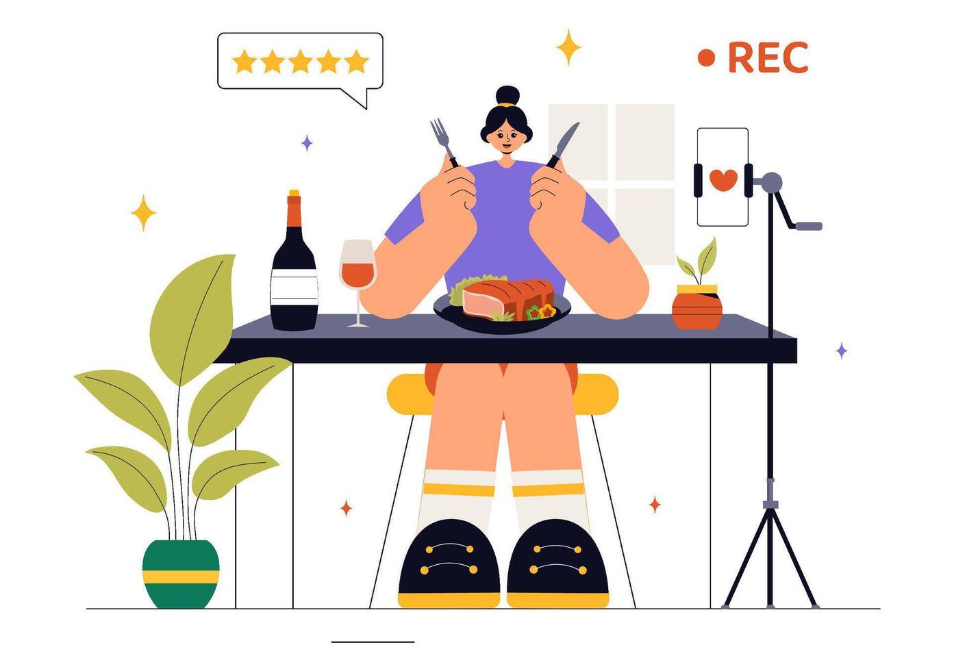 Food Blogging and Review Concept with an Influencer in a Restaurant vector