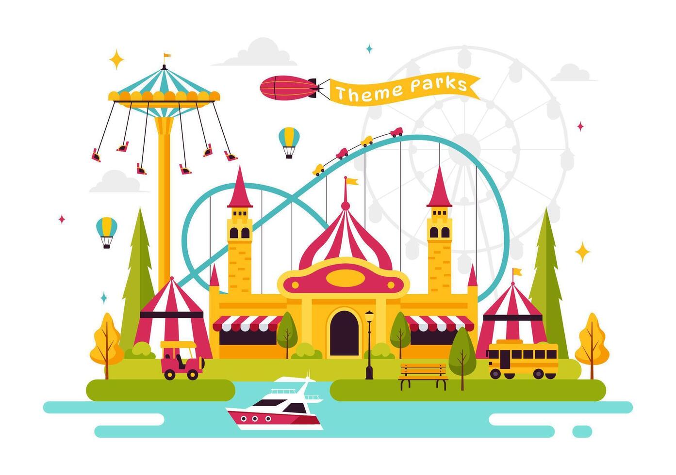 Fairground Illustration with a Carousel, Ferris Wheel, and Fun Games in Flat Style vector
