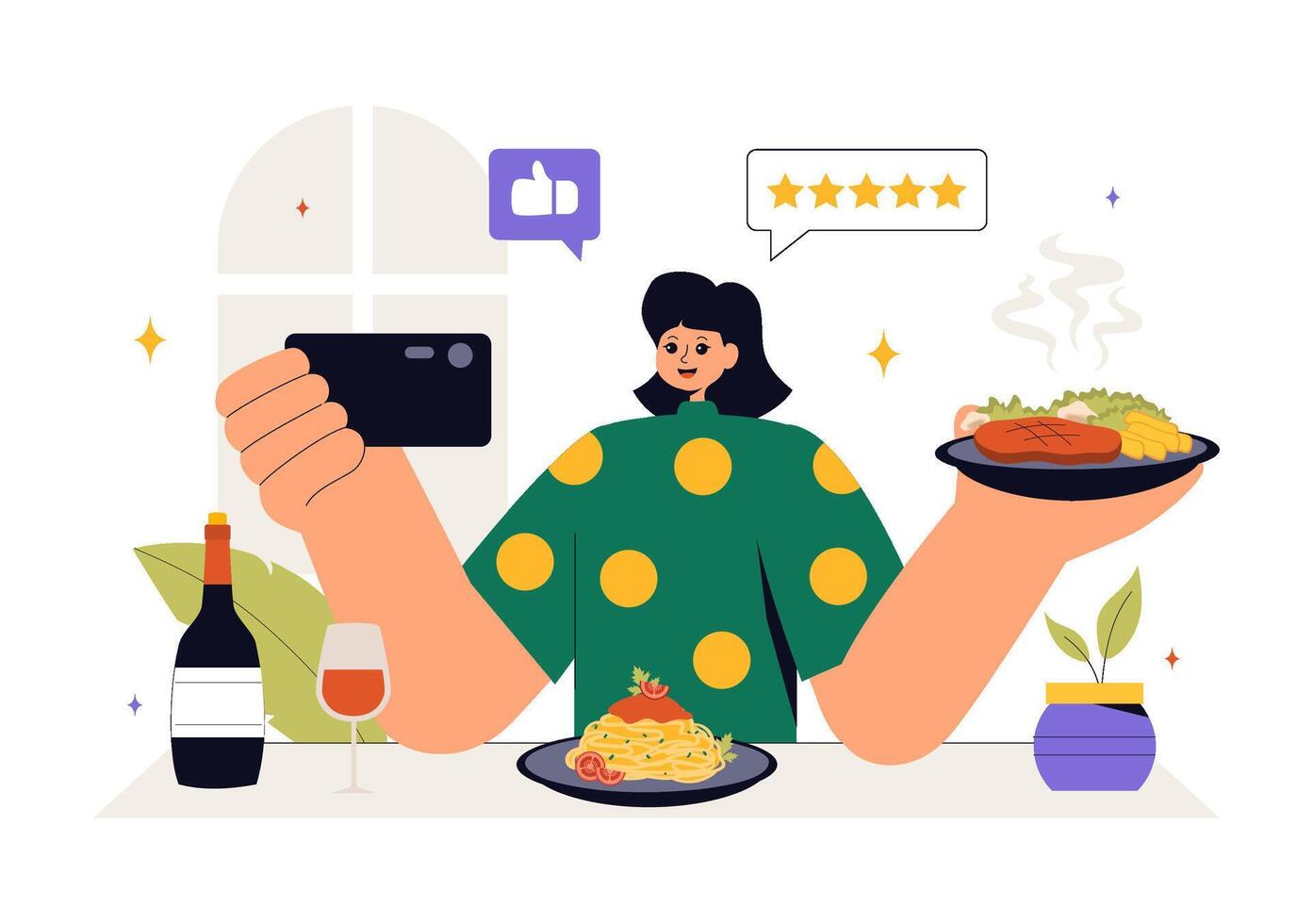 Food Critic Reviewing a Meal at a Restaurant in a Cartoon Background vector