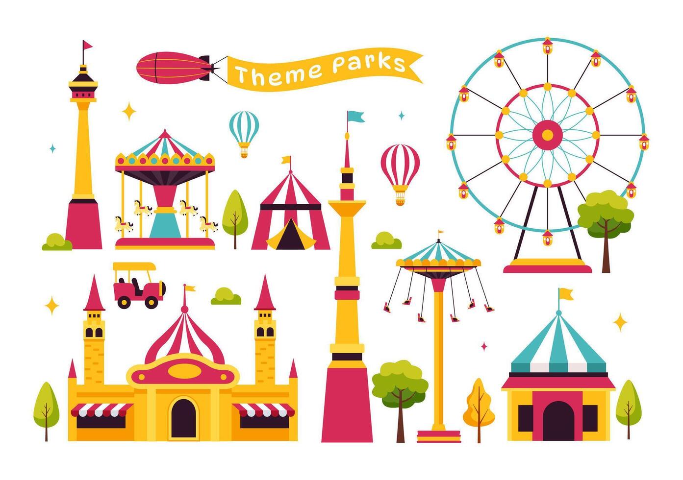 Carnival and Theme Park Illustration with Rides, Game Booths, and a Ticket Counter vector