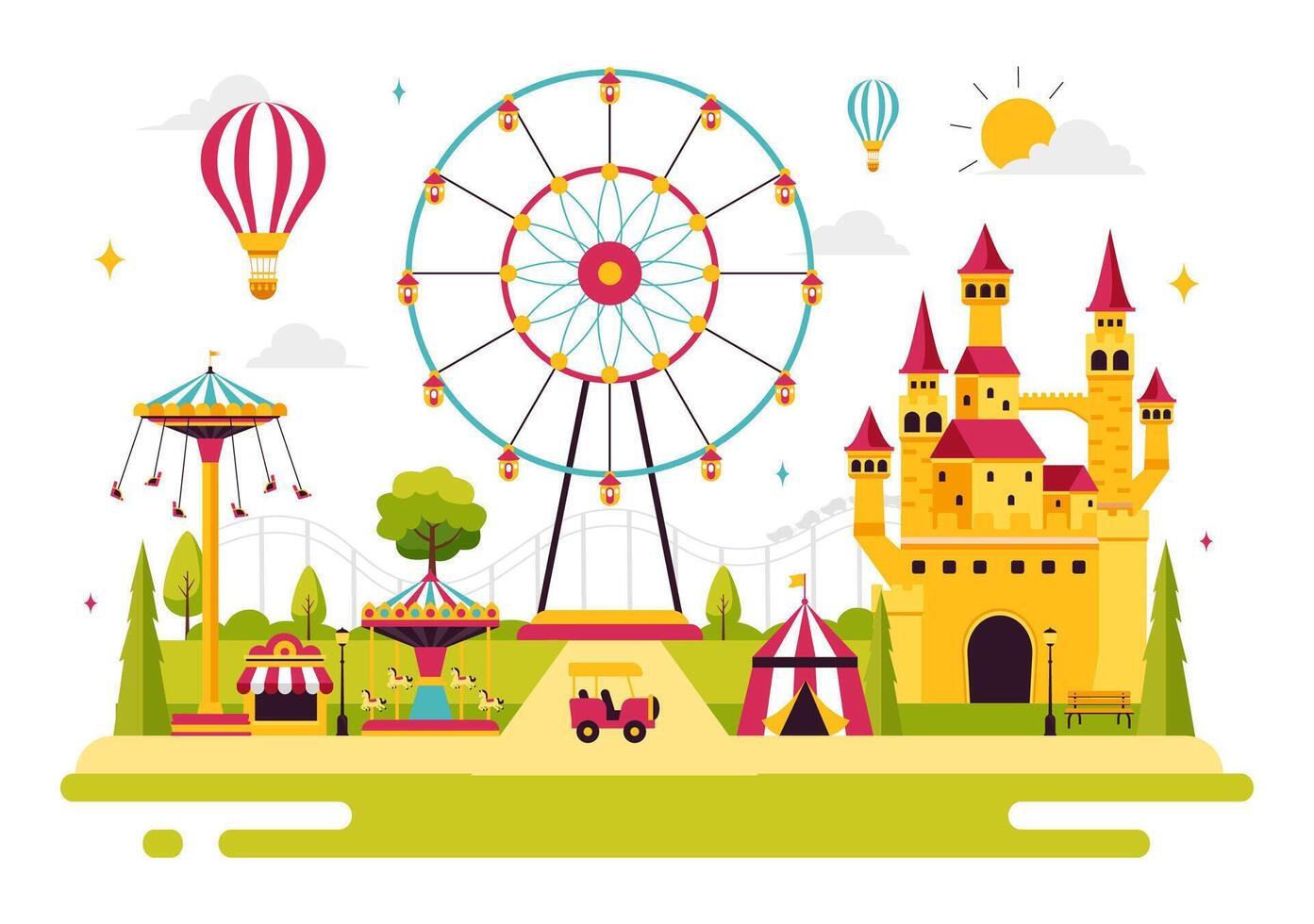 Illustration of a Thrilling Theme Park with a Carousel and Game Stalls vector