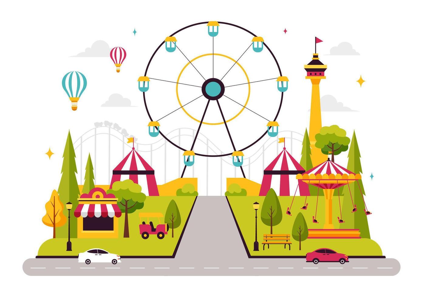 Flat Style Funfair Illustration Featuring a Theme Park with Exciting Rides vector