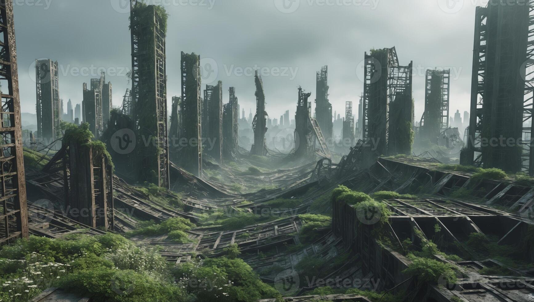 Abandoned cityscape reveals nature reclaiming a post-apocalyptic urban landscape under overcast skies photo