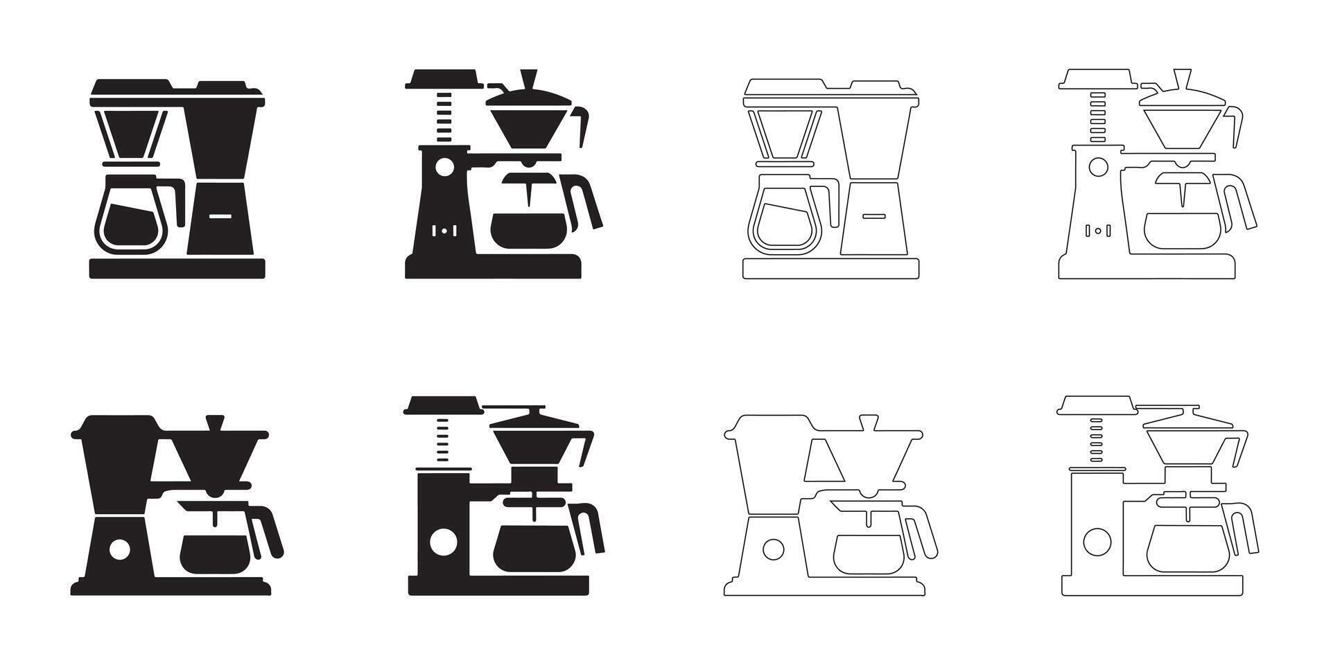 Coffee Maker Icons Set Solid and Outline Styles in Black on White vector